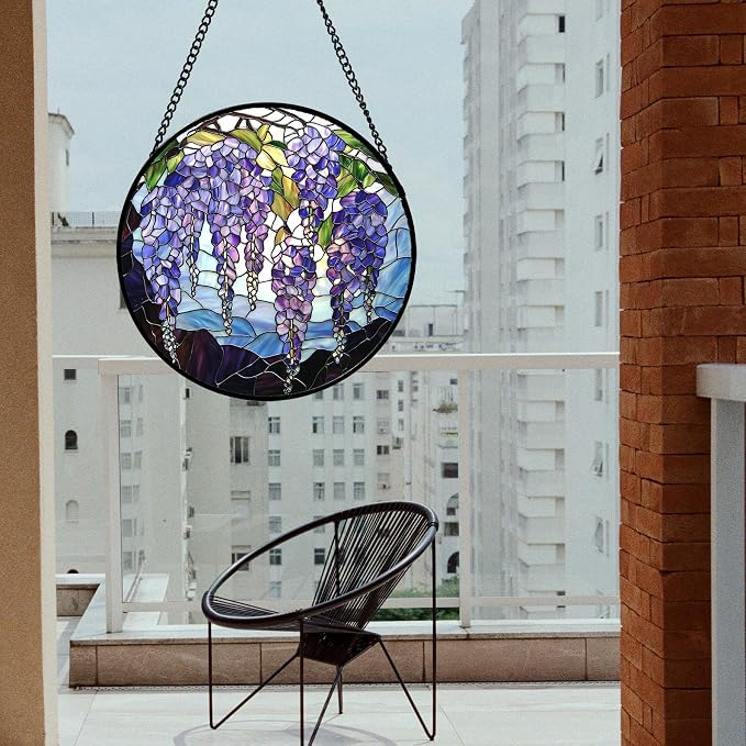 Stained Glass Window Hanging, Wisteria Flower Sun Catcher for Door Home Decor Purple and Blue Suncatcher Christmas Mother's Day Birthday Gifts for Women Men Mom and Nana 9.8 in