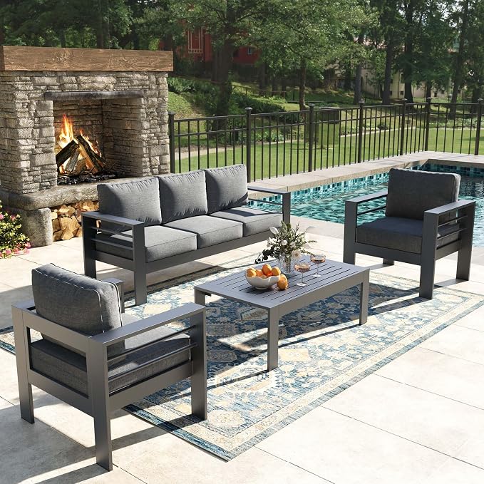 4 Pieces Modern Aluminum Patio Furniture Set, Outdoor Conversation Sets Metal Sectional Sofa with Coffee Table