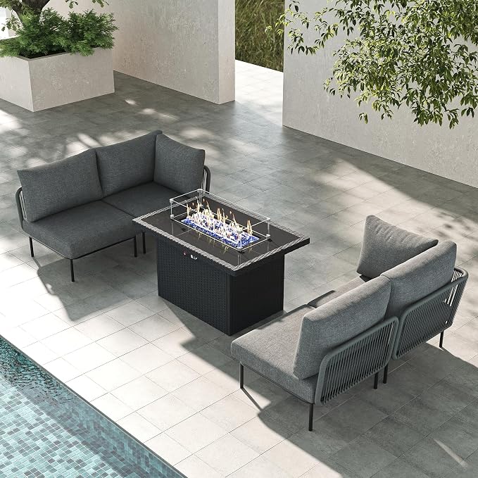 LayinSun 5 Pieces Aluminum Patio Furniture Set, Modern Modular Sectional Sofa with Fire Pit Table and Upgrade Thickness Cushion