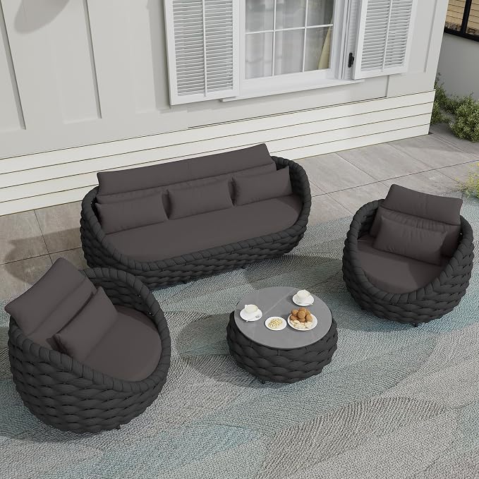 TWT Aluminum Patio Furniture Set Three Seater Sofa Outdoor Furniture Set w/Coffee Table,Patio Conversation Set with Hand Woven Polyester Rope for Bedroom Backyard Poolside, Dark Grey