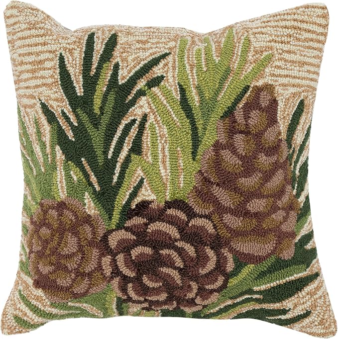 Liora Manne Lush Decor FRONTPORCH Indoor/Outdoor Handmade Pillow - Transitional Graphic Botanical Floral Accent (Pinecones Natural) (18" x 18")