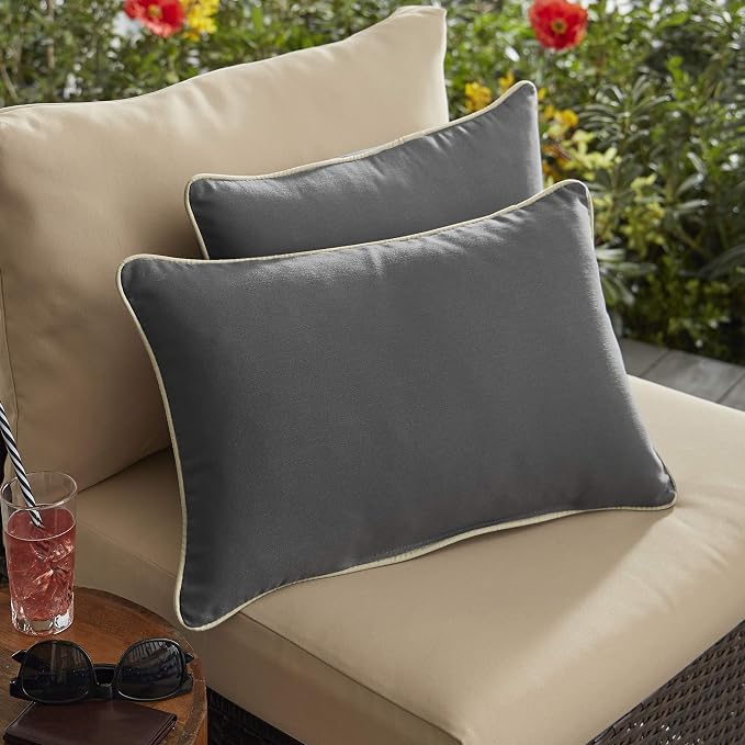 Sorra Home Charcoal Grey with Ivory Indoor/Outdoor Pillow Set, 14 in x 24 in