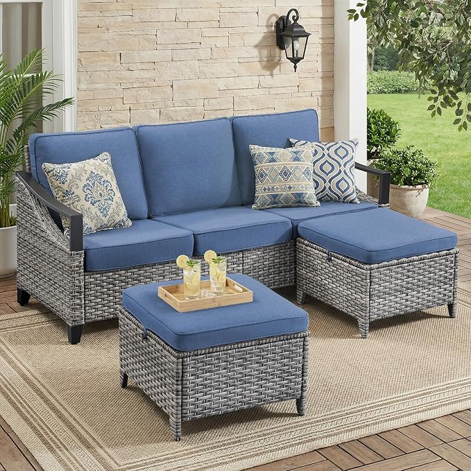 3 Pieces Wicker Patio Furniture Sofa Set-Outdoor Wicker Patio Furniture Covered Couch with Multifunctional Ottoman and All-Weather Outdoor Patio Conversation Set for Backyard Porch Garden Grey/Blue