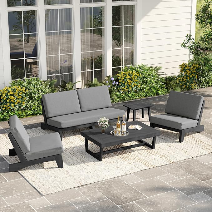 4 Piece Teak Outdoor Patio Frutnire Set, 5 Seater Patio Conversation Sets with Thick Cushions, Outdoor Sectional Furniture with Coffee Table - Gray