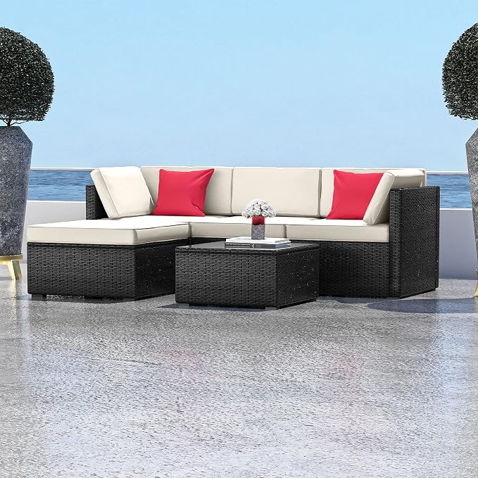 Nestl Outdoor Patio Furniture Sectional, Black Base/Off White Cushions