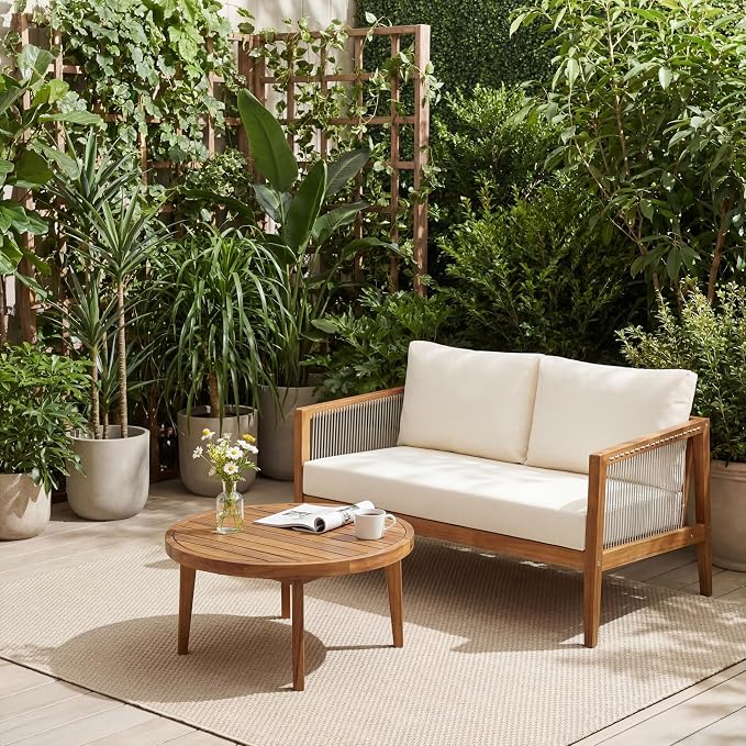 Christopher Knight Home Lalulu Outdoor Loveseat Sofa and Coffee Table Set, Acacia Wood Patio Furniture Set with Cushion, Solid Wood Outdoor Conversation Set, Teak+Beige