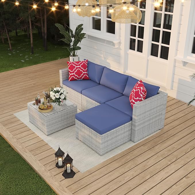 5 Pieces Patio Furniture Sets, Outdoor Patio Furniture Set, Wicker Patio Rattan Outdoor Sofa Furnitures with Anti-Slip Cushion and Glass Table, Patio Conversation Sets for Porch, Garden (Grey/Blue)
