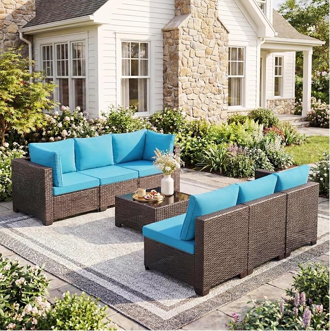 ANJ 7 Piece Outdoor Wicker Patio Furniture Set, Modular Loveseat Sofa with with Glass Top Coffee Table, All-Weather Rattan Conversation Couch Set for Balcony, Backyard, Dark Brown Wicker-Turquoise