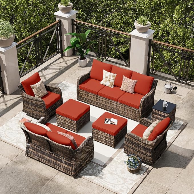 MEISSALIVVE 7 Pieces Patio Furniture Set with Swivel Chair, Wicker Patio Sofa, Rattan Conversation Set with Three-seat Sofa, 2 Ottomans and Loveseat for Lawn Backyard (Red)