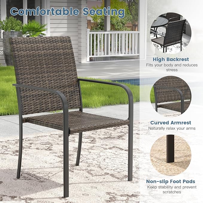 DIFY 7 Piece Outdoor Dining Set for 6, 59.2" Black Rectangle Metal Dining Table with Umbrella Hole and Stackable Wicker Patio Chairs, All-Weather Patio Table and Chairs Set for Deck Garden Backyard
