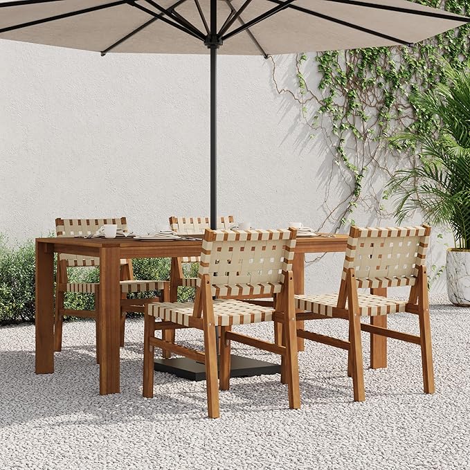 Christopher Knight Home Balew Acacia Wood Patio Dining Set for 4, Solid Wood Outdoor Dining Table Set for 4, 5 Piece Outdoor Dining Set with Rectangular Table and Woven Rope Accents, Teak+Beige