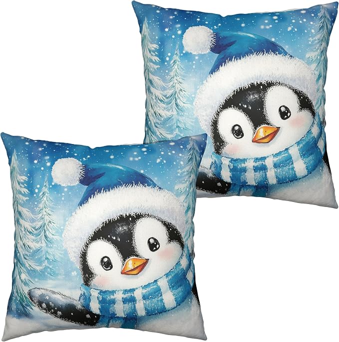 Penguin Pillow Case 24x24 Set of 2 Winter Decorative Pillow Covers Blue Winter Cotton Linen Throw Pillow Covers for Holiday Decorations Couch Outdoor Living Room