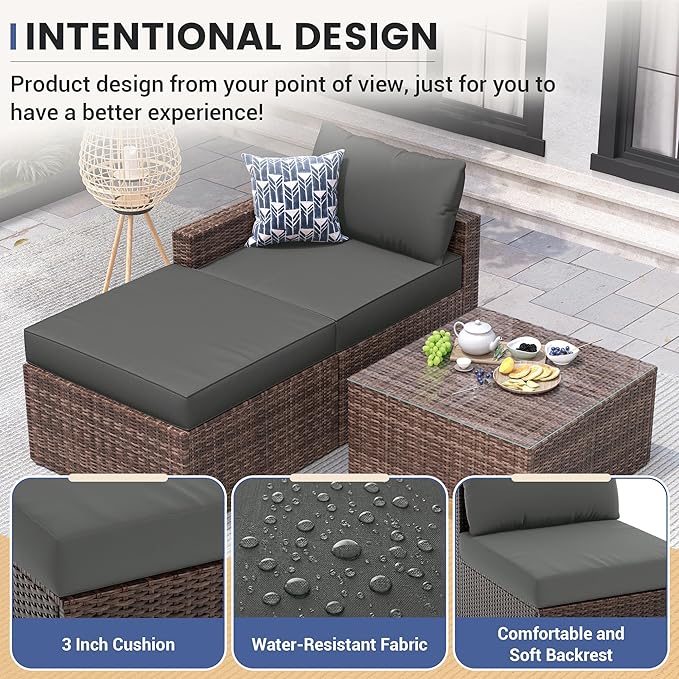 UDPATIO 5 Piece Patio Furniture Set, All-Weather Wicker Outdoor Sectional Sofa,Rattan L Shaped Outdoor Conversation Patio Sectional with Ottoman, Glass Table for Balcony Porch Backyard,Grey