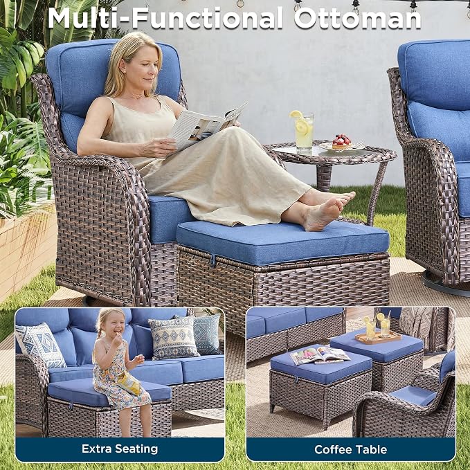 Luxury 5 Piece Patio Furniture Set-All Weather Outdoor Swivel Rocker Chairs with 6" Thick Cushions Multifunctional Ottoman Rattan Patio Conversation Sets for Porch Deck Garden Backyard(Brown/Blue)