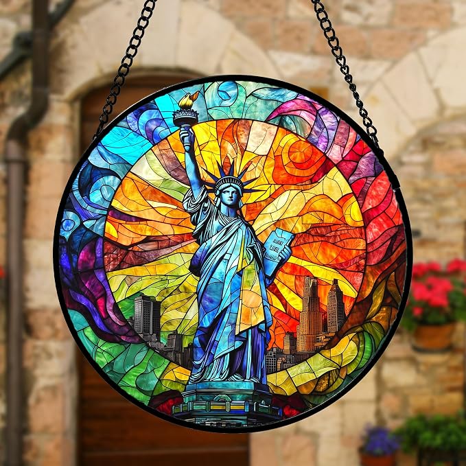 DASTOLL Stained Glass Window Hanging, Statue of Liberty Sun Catchers Diamond Glass Panel Hangings Suncatcher Decor for Birthday for Women, Men, Wife, Aunt, and Mom 7.8x7.8 in