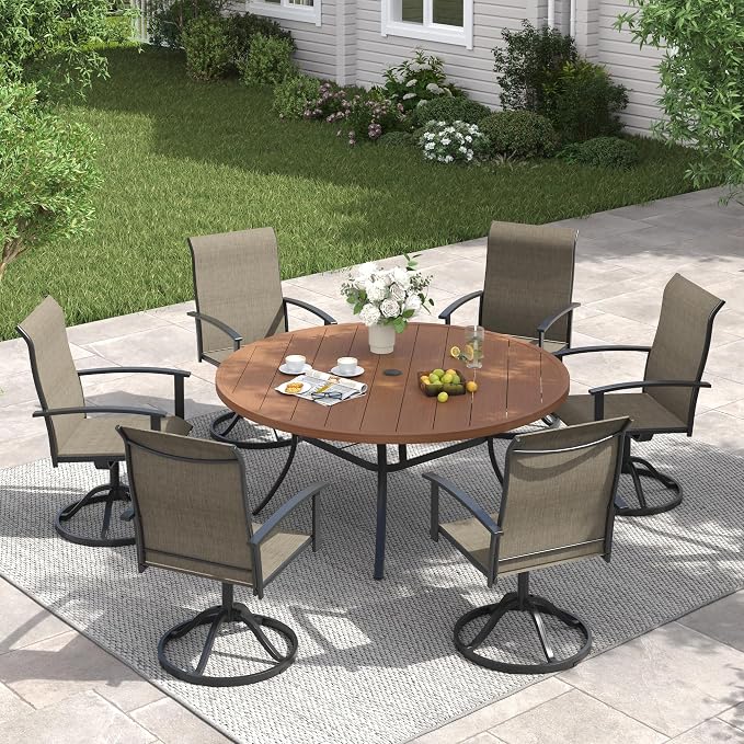 VICLLAX 7 Pieces Patio Dining Set, Outdoor Dining Set for 6-50" Round Outdoor Table and Swivel Patio Chair Set for Deck, Lawn and Garden, Grey Table and Chairs