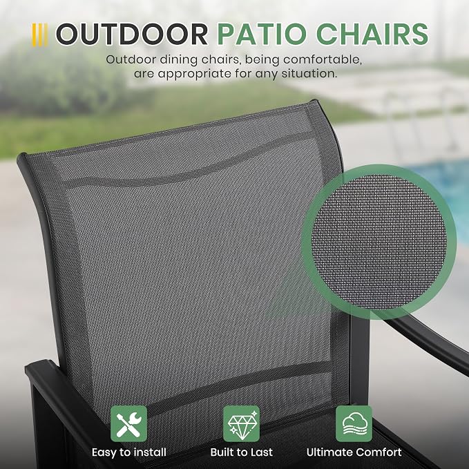 LVUYOYO 5-Piece Outdoor Patio Dining Set, Textilene Dining Chairs & Square Table Set, All-Weather Table and Chairs Set with Umbrella Hole for Backyard, Garden,Balcony,Porch (Gray)