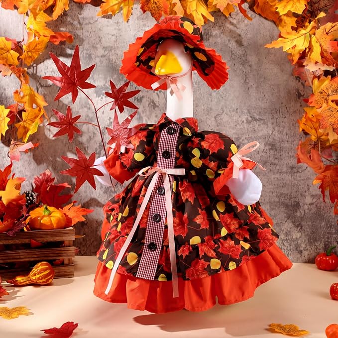 FuWeave Fall Porch Goose Outfit Maple Goose Costume Fancy Porch Geese Clothes with Wide Hat for 23" 17" Outdoor Patio