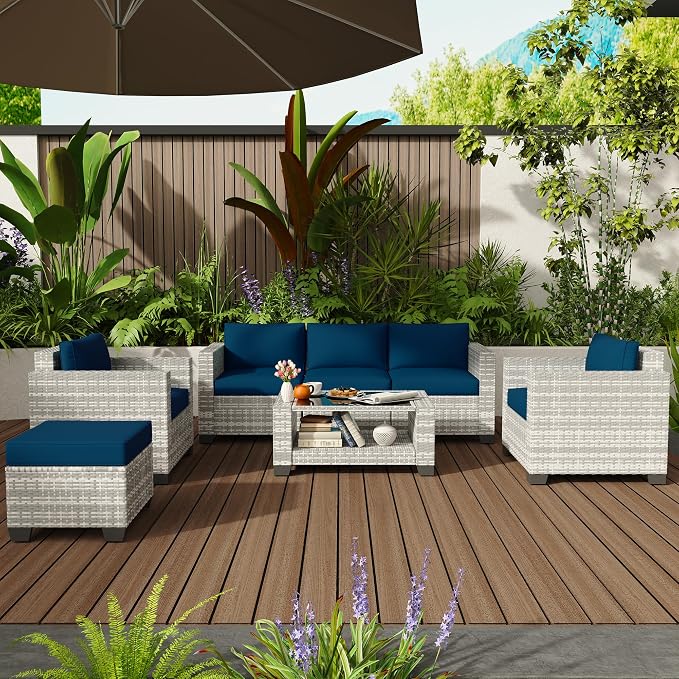 KIGOTY Patio Furniture Set 7 PCS Patio Conversation Sets, All-Weather PE Rattan Outdoor Sectional Sofa with Cushion and 2- Tier Glass Coffee Table（Grey White/Dark Blue）
