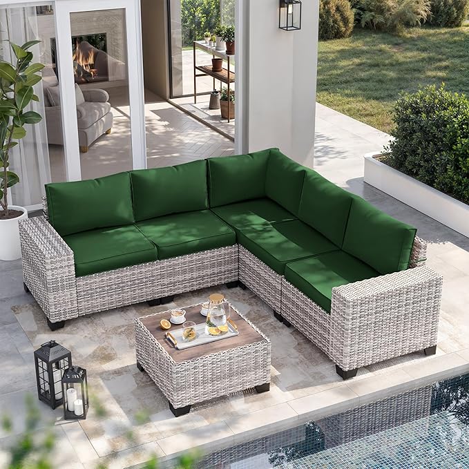 8-Piece Outdoor Patio Furniture Set Wicker Sectional Sofa Set with Ottomans, Patio Conversation Set with Thickened Cushions & Coffee Table for Garden, Backyard, Poolside, Green
