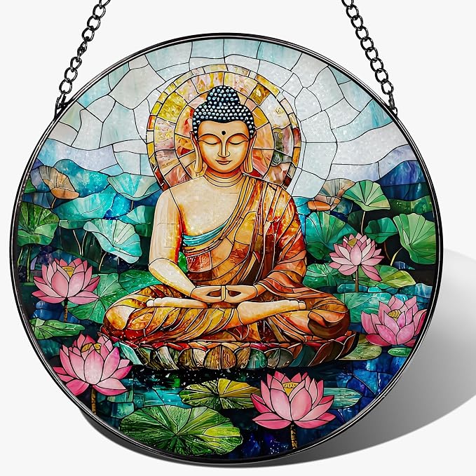 8-Inch Buddha Stained Glass Suncatcher & Ornament, Stained Glass Window Hanging, Sun Catcher Window Decor, Namaste Decor — Gifts for Buddhist & Yoga Lover, Gifts for Christmas, Birthday & Housewarming