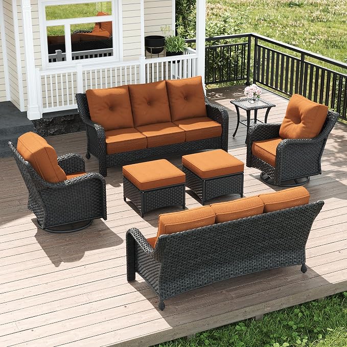 LayinSun 7 Piece Wicker Outdoor Furniture Set with 6-inch Comfy Cushions, High Back Patio Furniture Set with Swivel Rocking Chairs and Side Table