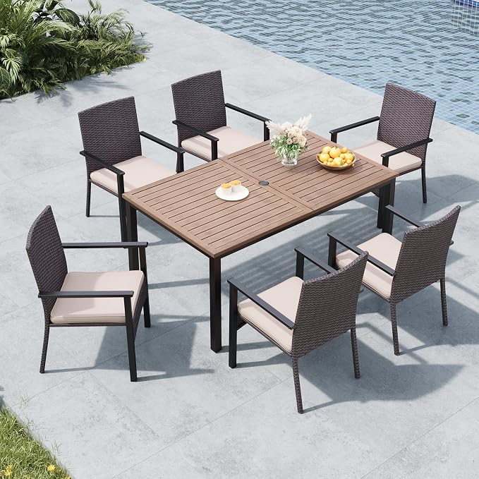 MFSTUDIO Outdoor Dining Sets for 6, Patio Metal Table and Chairs Set, 7 Pieces All Weather Patio Wicker Dining Furniture, Outdoor Rectangular Wood-Like Table for 6, Backyard