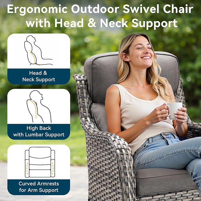Luxury High Back Outdoor Furniture 6-Inch Thick Cushions with 50,000 BTU Gas Propane Fire Pit Tablet, Patio Furniture Set with Swivel Chairs, 8 PCS for Porch, Balcony, Deck and Yard