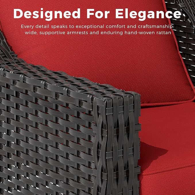 7 Pieces Patio Conversation Furniture Set - 1 Sofa, 2 Armchairs, 2 Ottomans, 2 Swivel Chairs, Outdoor Wicker Furniture with Removable Cushions for Porch, Balcony, Sunroom (Red)