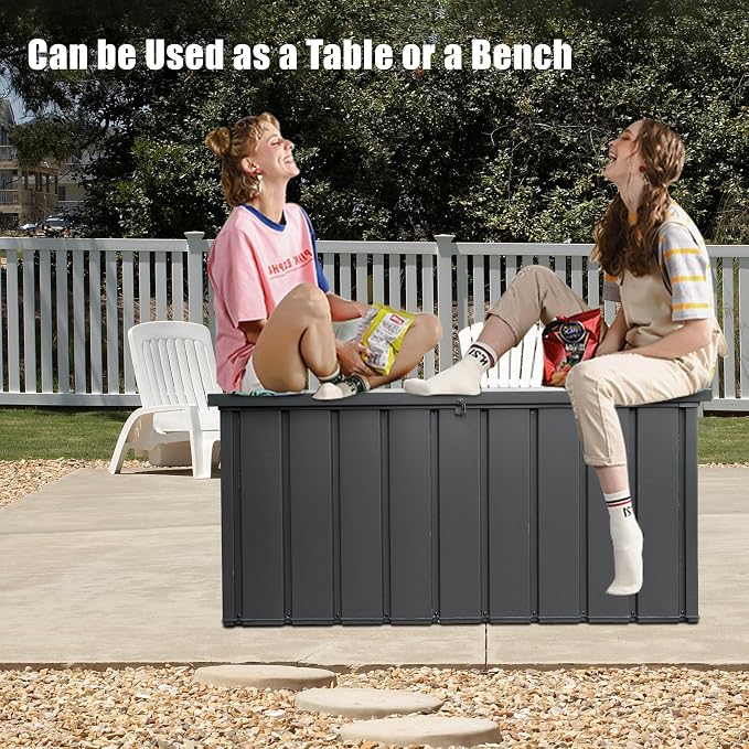 Domi Deck Box 150 Gallon Outdoor Storage Box, Large Metal Storage Cabinet Waterproof Lockable Container for Patio Furniture Cushions Garden Tools Pool-Supplies, Dark Grey