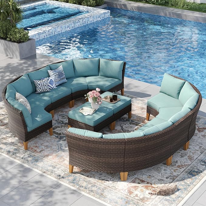 PHI VILLA 8-Piece Wicker Patio Furniture Set, Outdoor Half-Moon Curved Sectional Sofa with Cushions, 2 Ottomans, Large Conversation Seating for Garden or Backyard, Aqua Blue