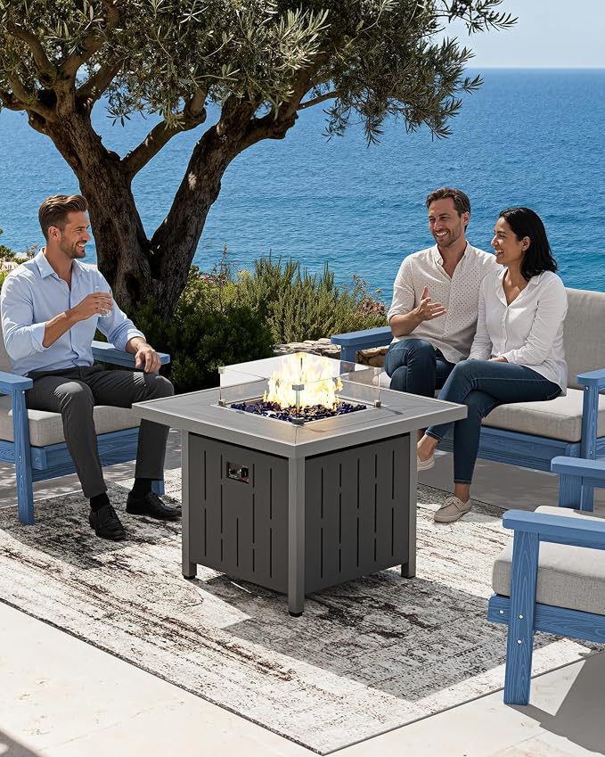 SERWALL Patio Furniture Set with 33” Fire Pit Table, HDPE Outdoor Sectional Sofa Set with Thickened Cushions, Black Frame with Khaki Cushions