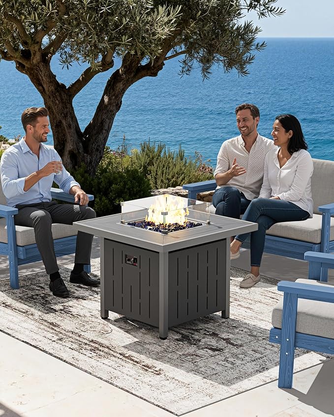 SERWALL Patio Furniture Set with 33” Fire Pit Table, HDPE Outdoor Sectional Sofa Set with Thickened Cushions, Blue Frame with Grey Cushions
