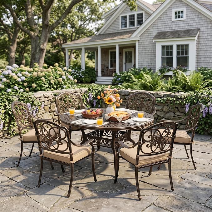 7-Pcs Cast Aluminum Patio Dining Set for 6, 54" Round Table,Bronze | Outdoor Furniture Set Include Dining Table and 6 Stackable Chairs with Cushions & Umbrella Hole