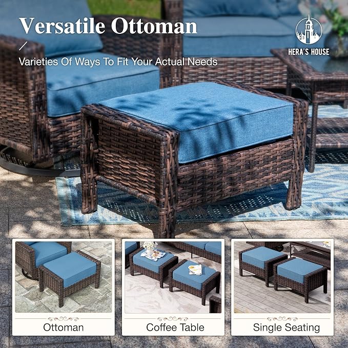 Patio Furniture Set with High Back Swivel Chairs, All-Weather Outdoor Wicker Sofa with Ottomans, 6 Pieces Deep Seating Patio Conversation Couch Sets with 5.5" Cushions for Lawn Deck Backyard, Blue