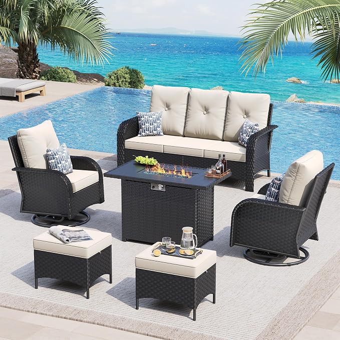 UDPATIO Patio Furniture Set with 44" Fire Pit Table, High Back 2 Swivel Rocker Chairs, Wicker Outdoor Conversation Sets with Thick Cushions & Ottoman, for Garden, Porch