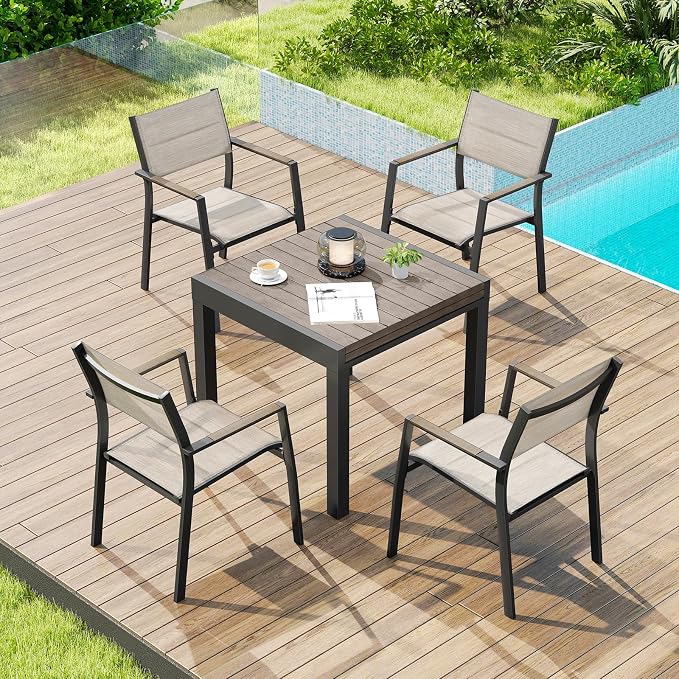 5 Pieces Outdoor Dining Set, Never-Rust Aluminum Expandable Patio Dining Table Set, 32"-65" Extendable Patio Table and Stackable Textilene Dining Chairs for Backyard, Deck, Indoor, Limed Oak