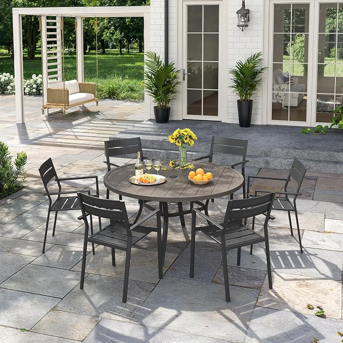 VICLLAX Patio 7 Pieces Outdoor Dining Set, Wrought Iron Metal Outdoor Table and Chairs Set, 47" Round Table with Umbrella Hole and 6 Stackable Chairs for Lawn, Garden, Porch, Grey/Black