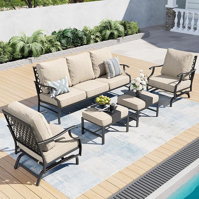 SUNSHINE VALLEY Patio Furniture Set, Modern Metal Outdoor Patio Furniture, 3 Seater Sofa, 2 Rocking Chairs, 2 Ottomans and 5.75" Extra Thick Cushion, Patio Conversation Set for Garden Backyard Deck