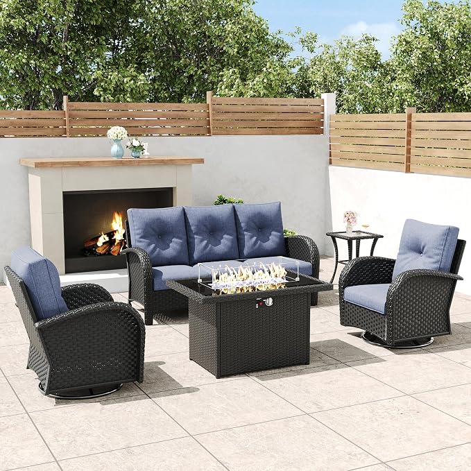 5 Pieces Outdoor Wicker Patio Swivel Rocking Chairs, All Weather Wicker Conversation Set with 44" Fire Pit Table