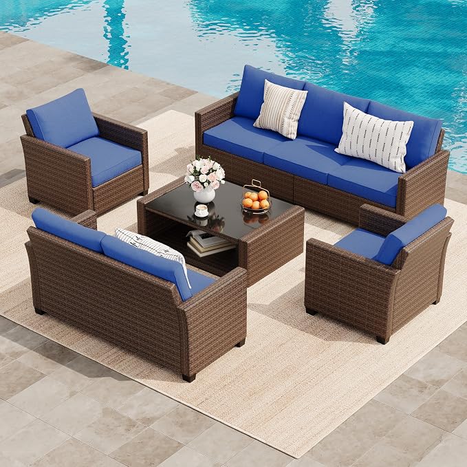 GarveeLife 5 Pieces Patio Furniture Set, 7-Seater Rattan Wicker Patio Conversation Sets with Coffee Table, Outdoor Sectional Patio Sofa Set, Brown Rattan and Blue Cushions