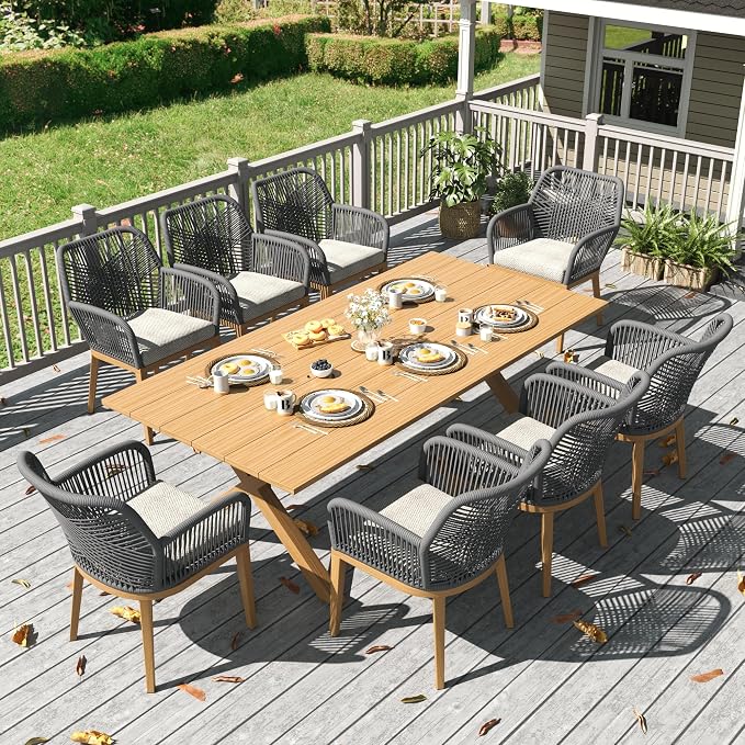 LayinSun Outdoor Dining Set for 8, 9 Pieces Patio Furniture Sets with Aluminum Dining Table and Rope Weave Chairs