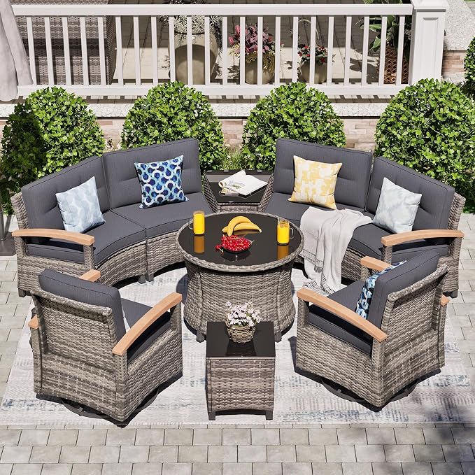 MEISSALIVVE 9-Piece Half-Moon Curved Outdoor Patio Furniture Set, Sectional Conversation Sofa with 2 Swivel Glider Chairs, Round Coffee Table for Backyard Deck Garden, Grey
