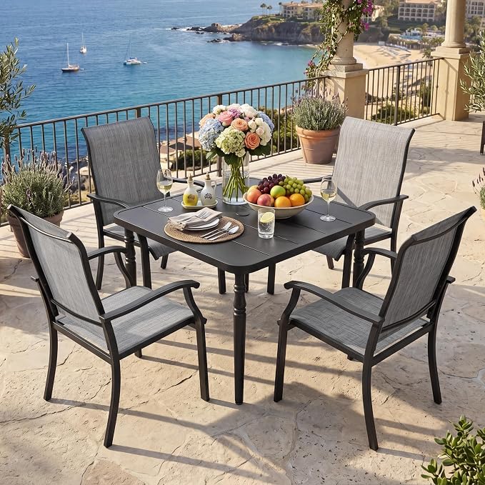 NUU GARDEN 5-Piece Patio Dining Set with Umbrella Hole, Outdoor Dining Set with 4 Textilene Chairs and 1 Square Metal Table, All Weather Patio Furniture Set for Backyard, Garden, Gray and Black