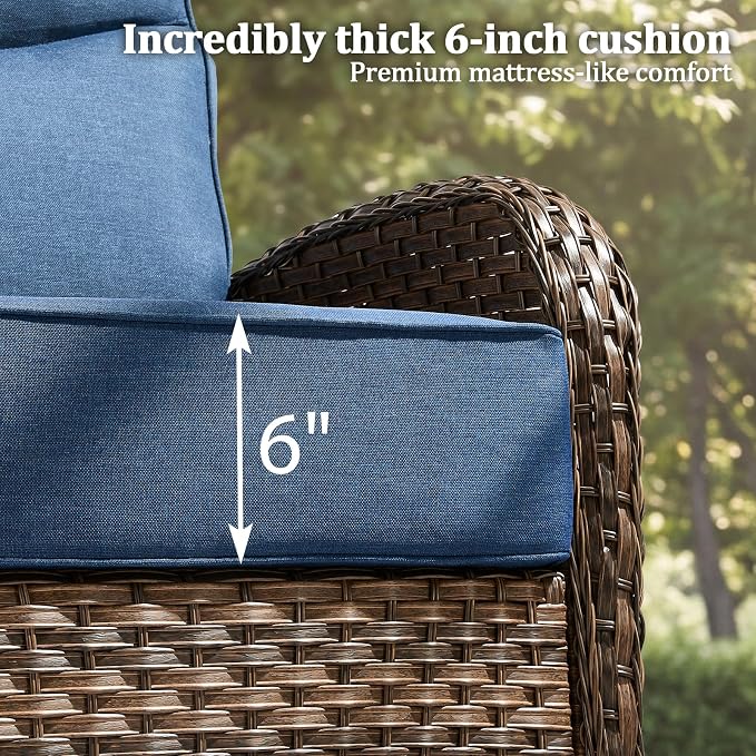 Outdoor Swivel Rocking Chair Patio Set (8-Piece), High-Back - Thick Cushion Swivel Rocking Chair Patio Set, All-Weather Wicker Patio Furniture Set, Suitable for Balcony Patios, Brown/Blue
