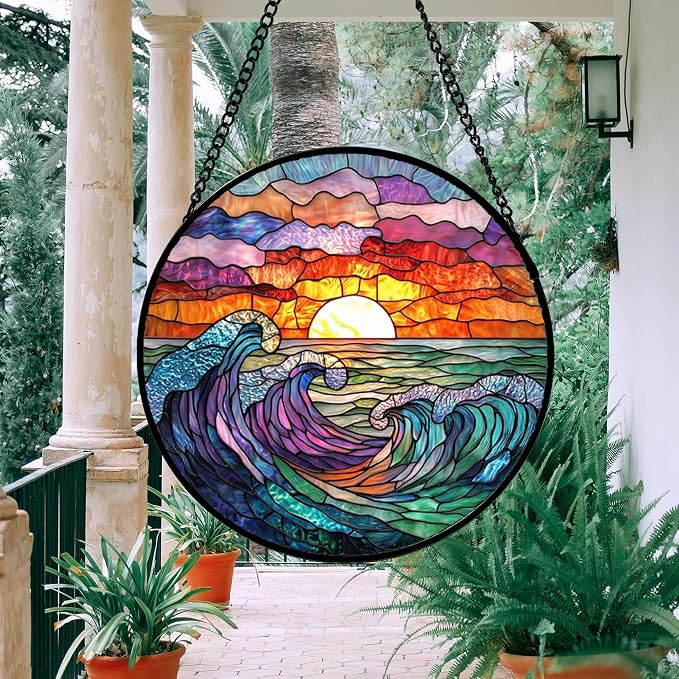 DASTOLL Stained Glass Window Hanging, Clouds and Sea Waves Suncatcher Diamond Glass Panel Hangings Scenery Sun Catchers Decor for Birthday for Women, Men, Wife, Aunt, and Mom 14.9 in
