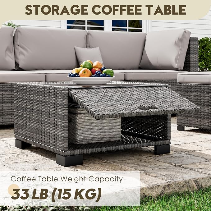 LHBcraft 7 Piece Patio Outdoor Furniture Set, Outdoor Sectional, All-Weather Hand-Woven Wicker Patio Sectional Sofa, Rattan Outside Furniture with Grey Cushion and Glass Coffee Table
