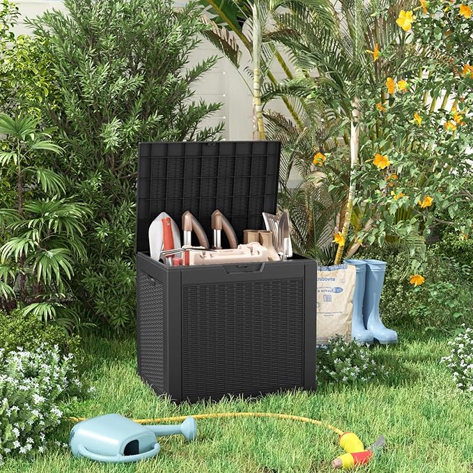 Waterproof Outdoor Storage Box, 31 Gallon Lockable Deck Box, UV-Resistant Outside Storage Bin With Hydraulic Lid For Patio Furniture, Cushion Organizer, Garden Tools, Pool Accessories, Black