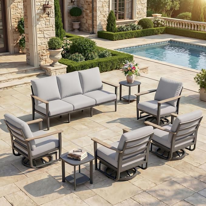 Aluminum Outdoor Patio Furniture Set, 7-Piece Sectional Sofa with 5.1" Thick Cushions, 4 Swivel Rocking Chairs and 2 Side Tables, Outdoor Couch for Backyard, Deck, Gray