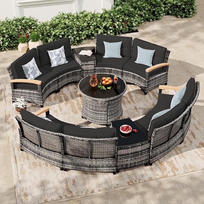 MEISSALIVVE 11-Piece Half-Moon Curved Outdoor Patio Furniture Set, Sectional Conversation Sofa with Wood Armrests, Round Coffee Table for Backyard Deck Garden, Black